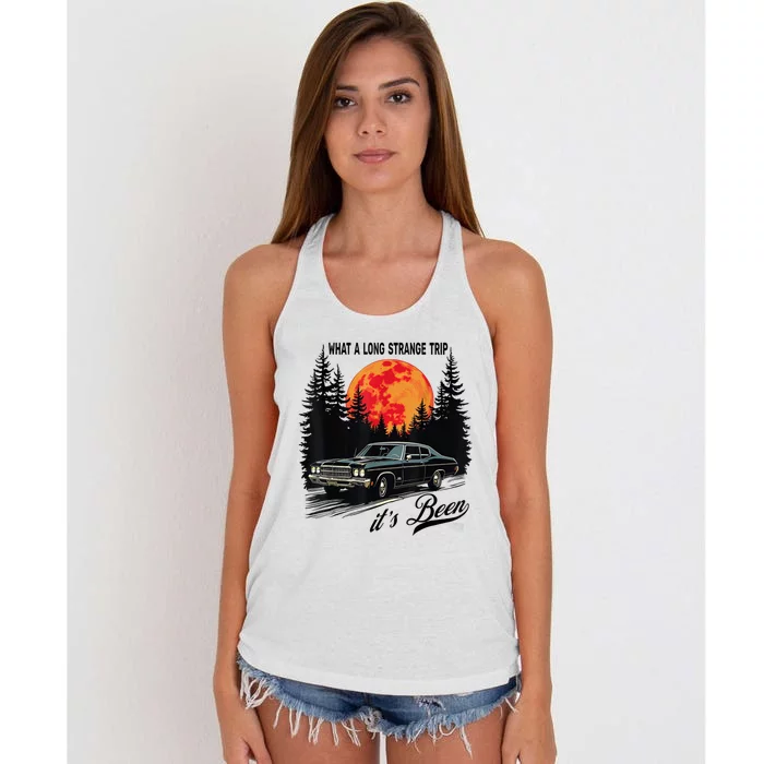 What A Long Strange Trip ItS Been 70s Hippie Camping Lover Women's Knotted Racerback Tank