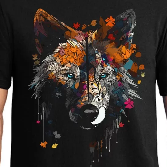 Wolf Autumn Leaves Blue Eyes Animal Art Motif Wolf Pajama Set