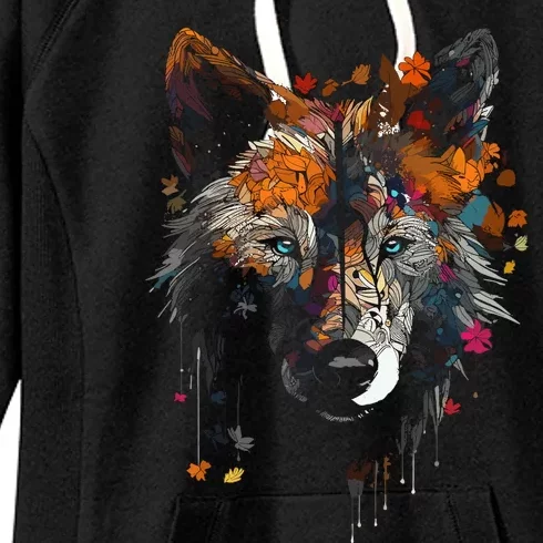 Wolf Autumn Leaves Blue Eyes Animal Art Motif Wolf Women's Fleece Hoodie