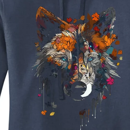 Wolf Autumn Leaves Blue Eyes Animal Art Motif Wolf Women's Pullover Hoodie