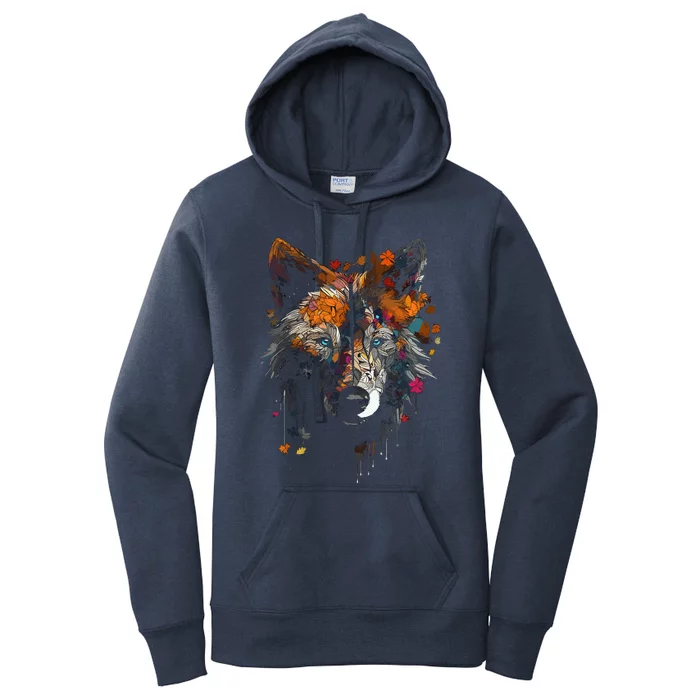 Wolf Autumn Leaves Blue Eyes Animal Art Motif Wolf Women's Pullover Hoodie