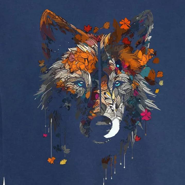 Wolf Autumn Leaves Blue Eyes Animal Art Motif Wolf Garment-Dyed Sweatshirt