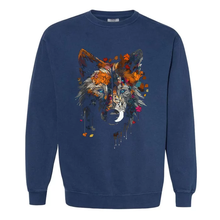 Wolf Autumn Leaves Blue Eyes Animal Art Motif Wolf Garment-Dyed Sweatshirt