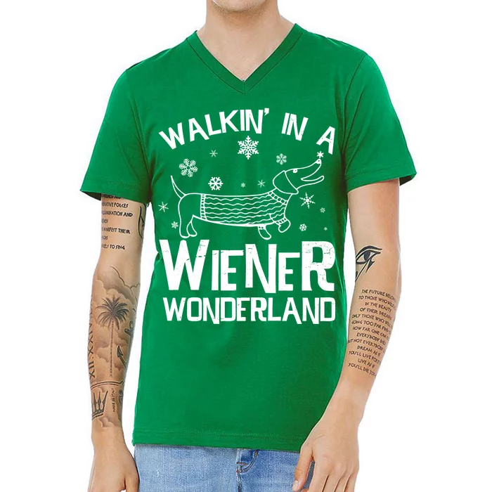 Walking In A Wiener Wonderland Funny Christmas V-Neck T-Shirt