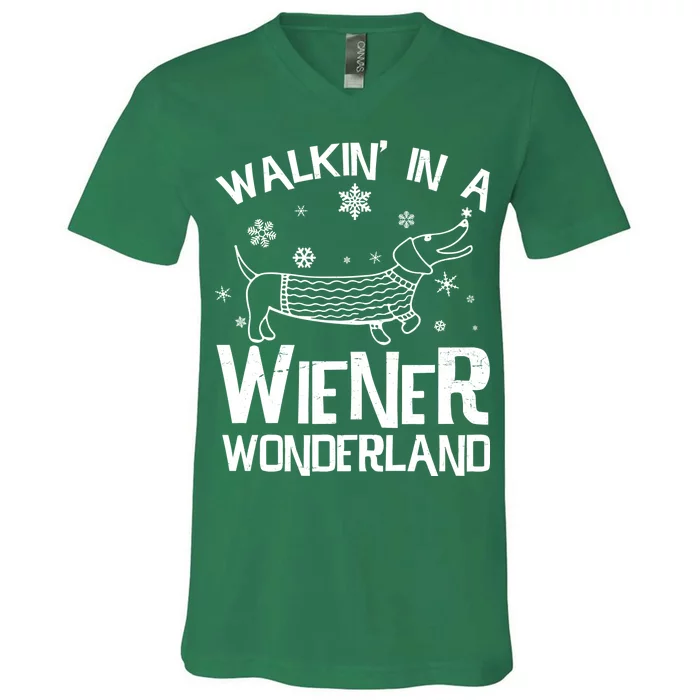 Walking In A Wiener Wonderland Funny Christmas V-Neck T-Shirt