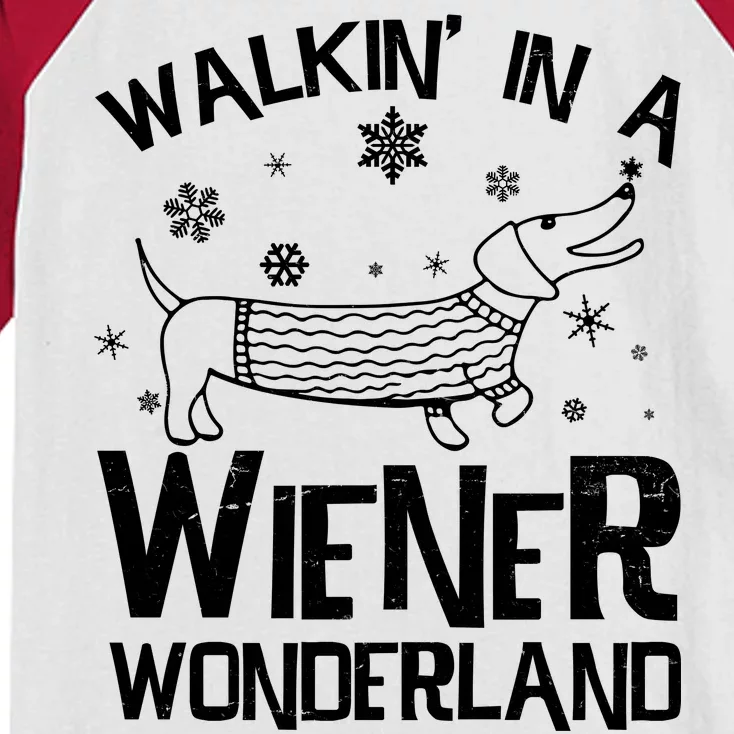 Walking In A Wiener Wonderland Funny Christmas Kids Colorblock Raglan Jersey