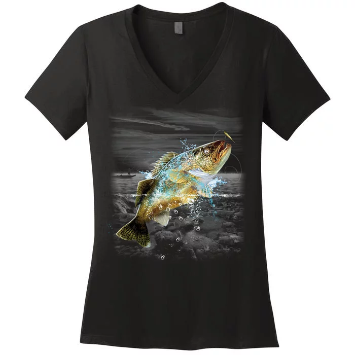 Walleye Wilderness - Fishing Women's V-Neck T-Shirt