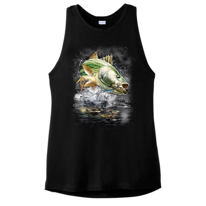 Walleye Wilderness - Fishing Jumping Fish Ladies Tri-Blend Wicking Tank