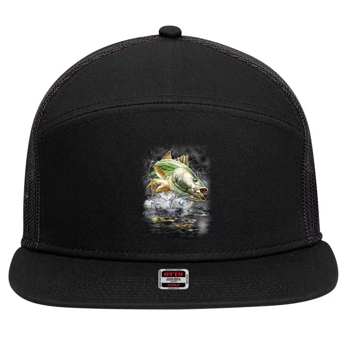 Walleye Wilderness - Fishing Jumping Fish 7 Panel Mesh Trucker Snapback Hat