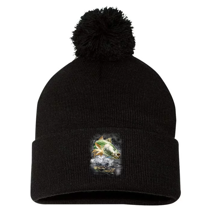 Walleye Wilderness - Fishing Jumping Fish Pom Pom 12in Knit Beanie