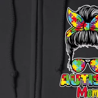 Womens Autism Mom Messy Bun Puzzle Piece Bandana Mama Parent Full Zip Hoodie