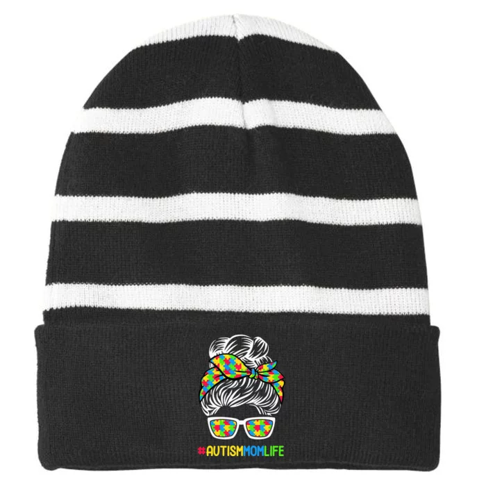 Wo Autism Mom Life Awareness Messy Bun Puzzle Piece Mama Mother Striped Beanie with Solid Band