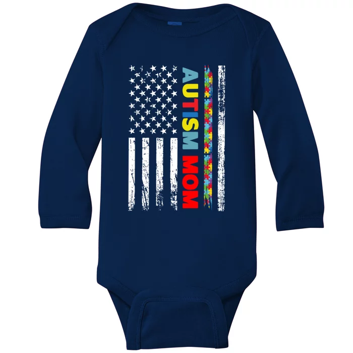 Wo Autism Mom Gift Mother Day Mom Autism American Flag Gift Baby Long Sleeve Bodysuit