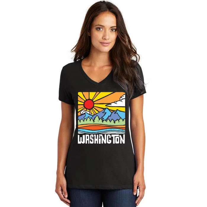 Washington Artistic Nature Mountains State Vintage Graphic Women's V-Neck T-Shirt