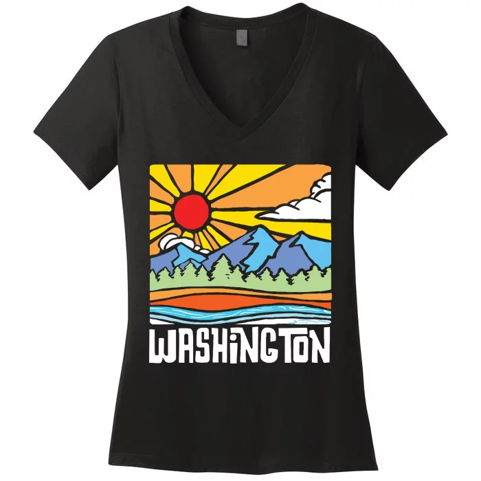 Washington Artistic Nature Mountains State Vintage Graphic Women's V-Neck T-Shirt