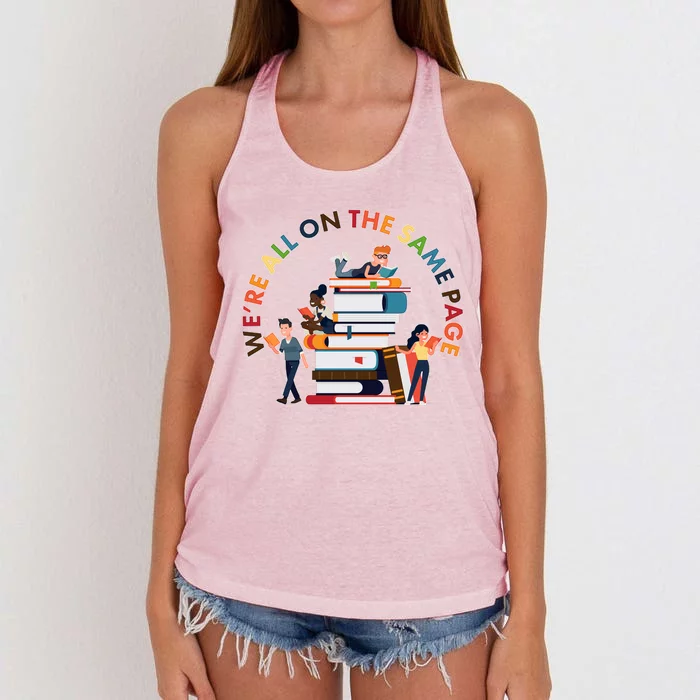 Were All One The Same Page Library Reading Fan Book Lover Women's Knotted Racerback Tank