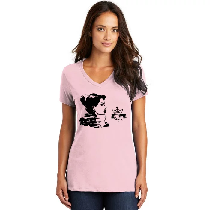 Woman And Paper Ship Women's V-Neck T-Shirt