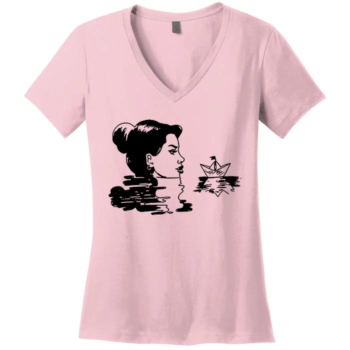 Woman And Paper Ship Women's V-Neck T-Shirt