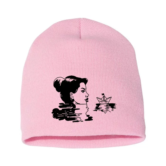 Woman And Paper Ship Short Acrylic Beanie