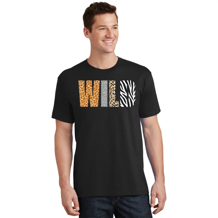 Wild Animal Pattern Giraffe Wolf Leopard Zebra Animal Print T-Shirt