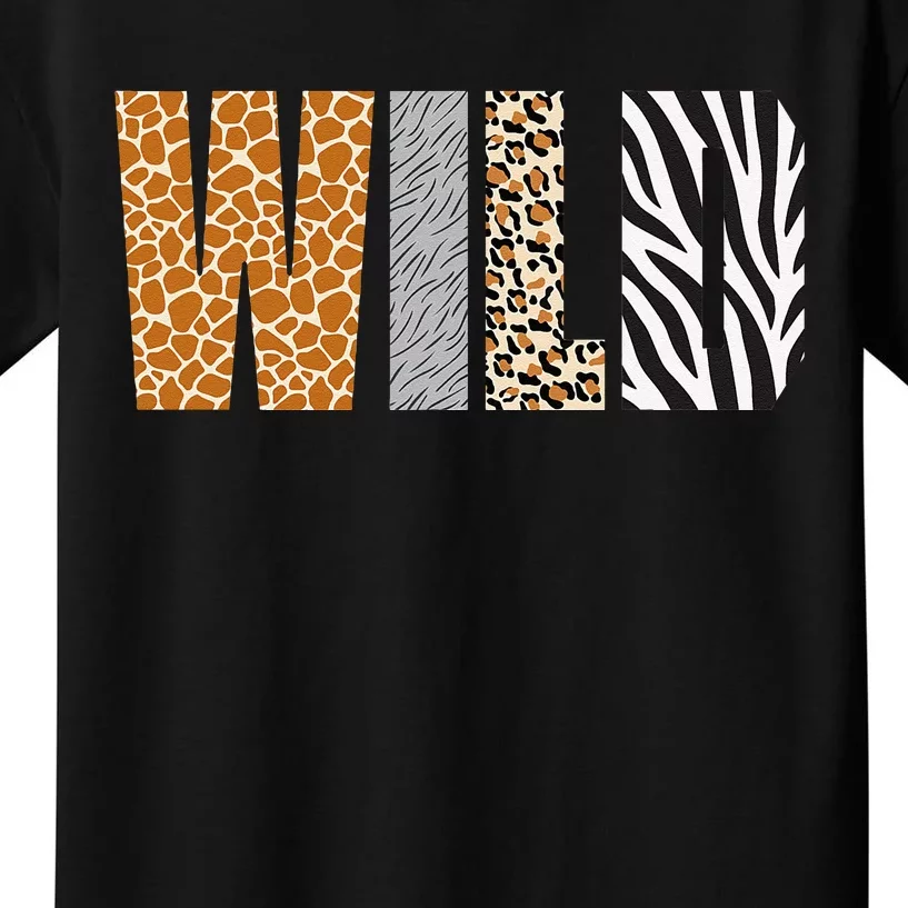 Wild Animal Pattern Giraffe Wolf Leopard Zebra Animal Print Kids T-Shirt