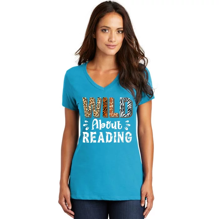 Wild About Reading Books Reader Lover Animals Women's V-Neck T-Shirt