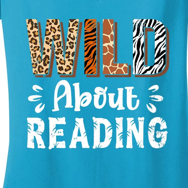 Wild About Reading Books Reader Lover Animals Women's V-Neck T-Shirt