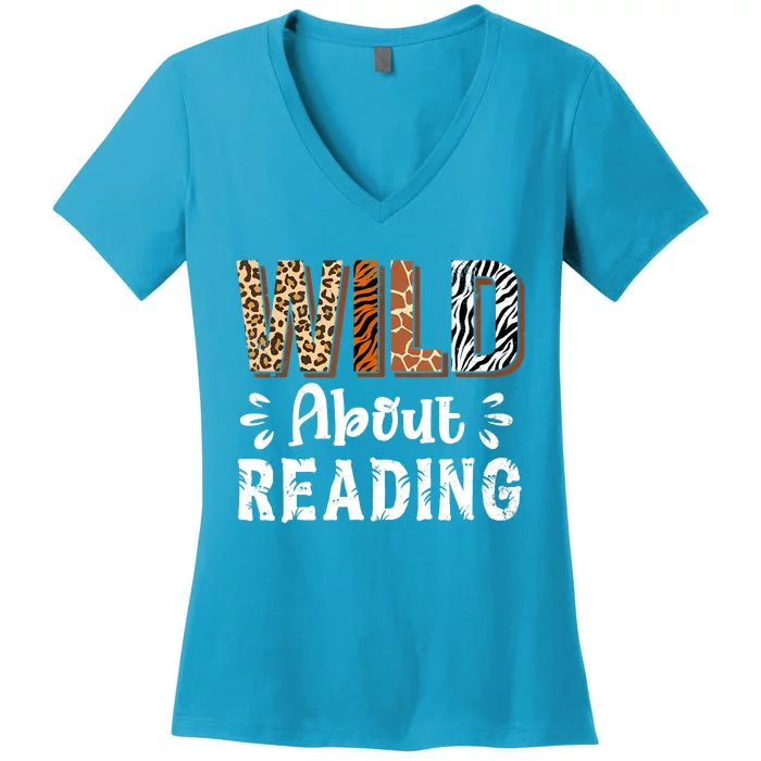 Wild About Reading Books Reader Lover Animals Women's V-Neck T-Shirt