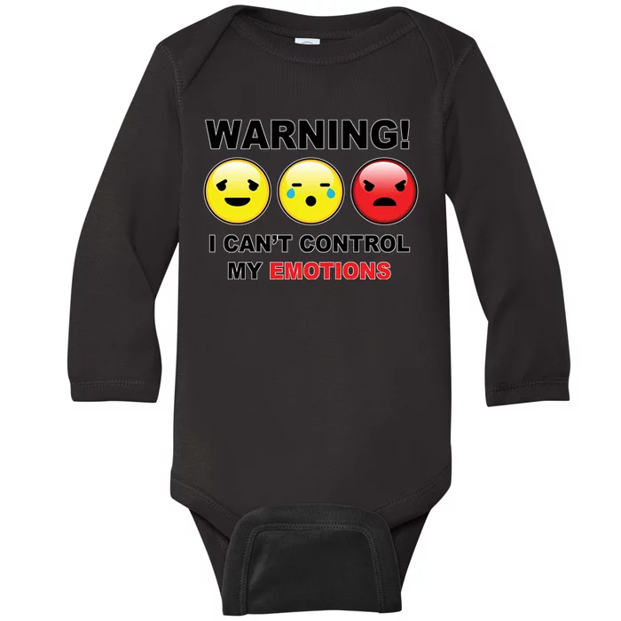 Warning Can't Control Emotions Emoji Face Baby Long Sleeve Bodysuit