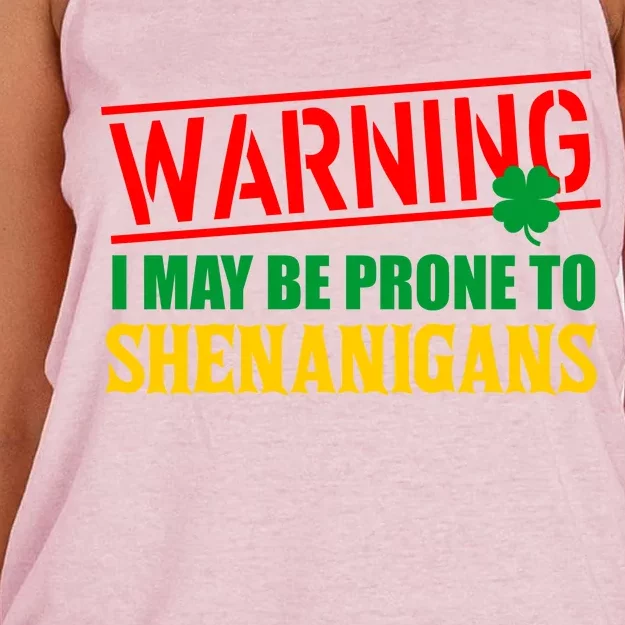 Warning I May Be Prone to Shenanigans St. Patrick's Day Clover Women's Knotted Racerback Tank