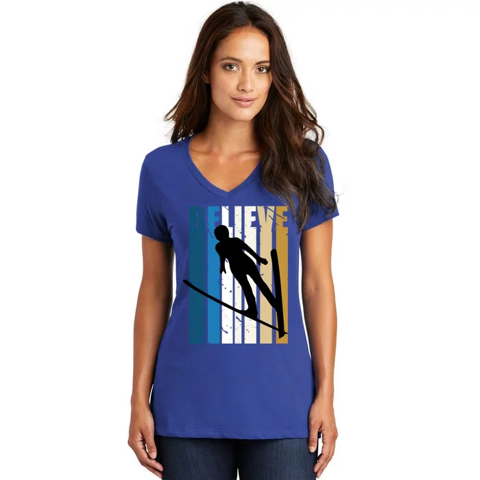 Wo Alpine Ski Jump Jumping Female Skier Skiing Cool Gift Women's V-Neck T-Shirt