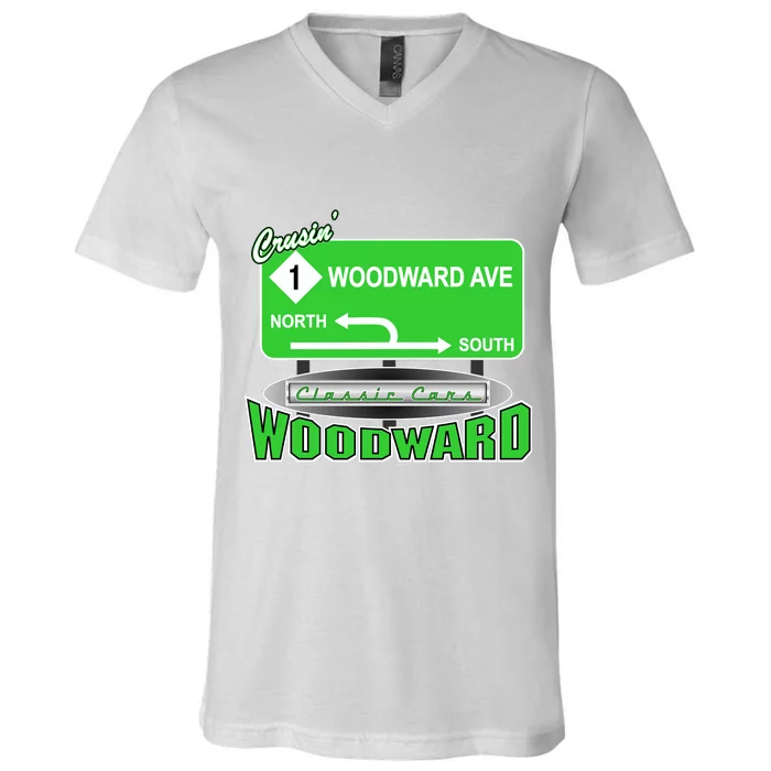 Woodward Ave Street Sign V-Neck T-Shirt