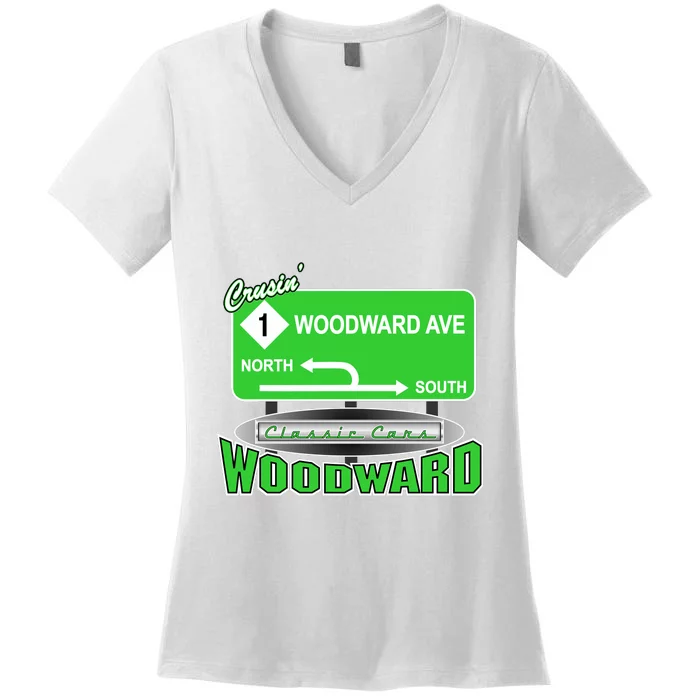 Woodward Ave Street Sign Women's V-Neck T-Shirt