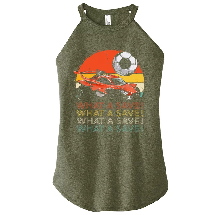 What A Save Retro Rocket Soccer Car Women’s Perfect Tri Rocker Tank