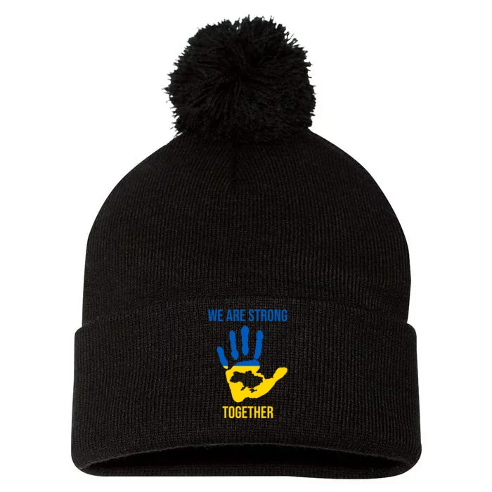 We Are Strong Together Ukraine Hand Print Pom Pom 12in Knit Beanie