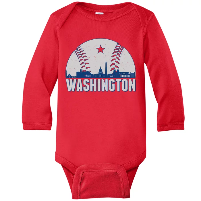 Washington DC Baseball Skyline Baby Long Sleeve Bodysuit