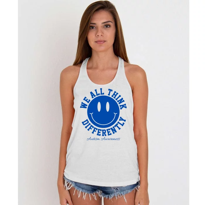 We All Think Differently Autism Awareness Smile Face Women's Knotted Racerback Tank