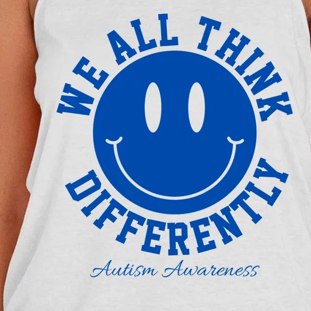 We All Think Differently Autism Awareness Smile Face Women's Knotted Racerback Tank