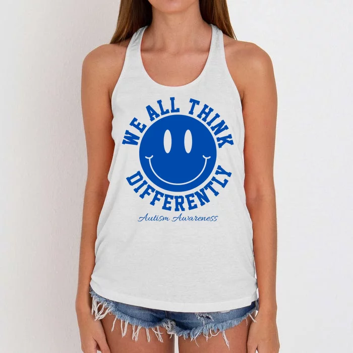 We All Think Differently Autism Awareness Smile Face Women's Knotted Racerback Tank