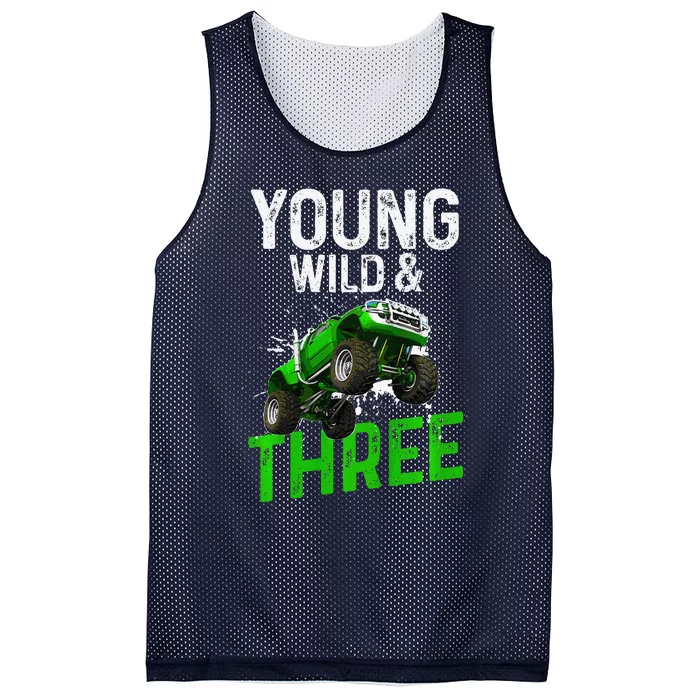 Wild And Three Monster Truck Theme Birthday 3 Years Mesh Reversible Basketball Jersey Tank