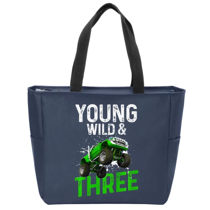 Wild And Three Monster Truck Theme Birthday 3 Years Zip Tote Bag