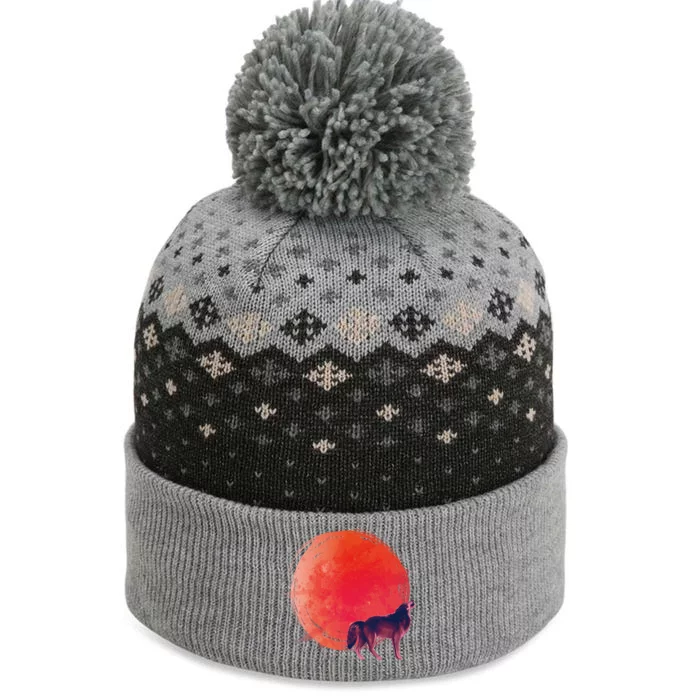 Watercolor Red Moon and Howling Wolf The Baniff Cuffed Pom Beanie