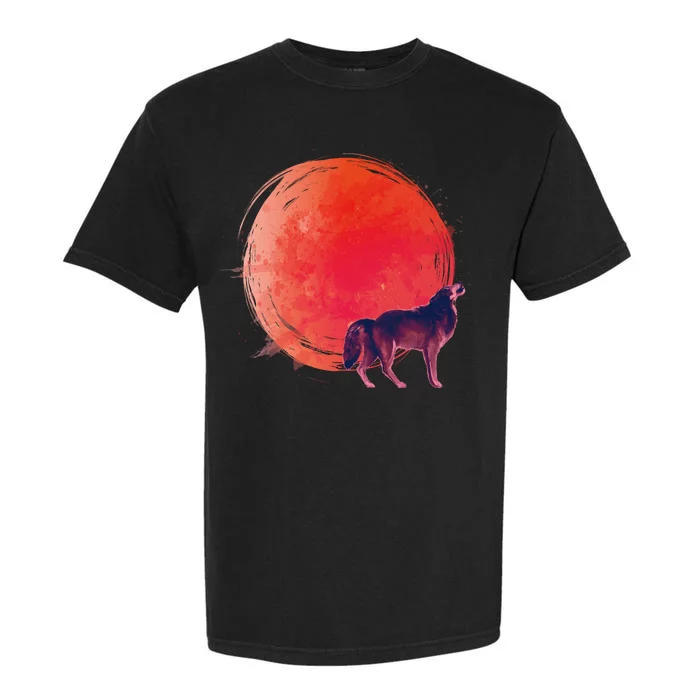 Watercolor Red Moon and Howling Wolf Garment-Dyed Heavyweight T-Shirt