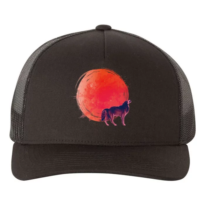 Watercolor Red Moon and Howling Wolf Yupoong Adult 5-Panel Trucker Hat