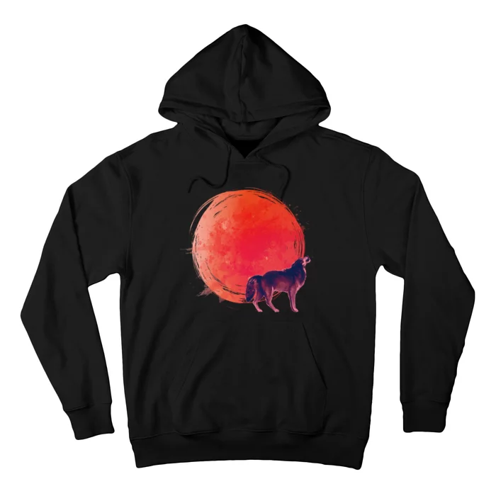 Watercolor Red Moon and Howling Wolf Hoodie