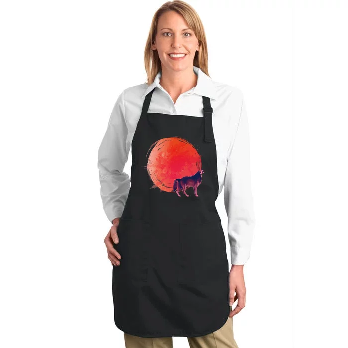 Watercolor Red Moon and Howling Wolf Full-Length Apron With Pocket