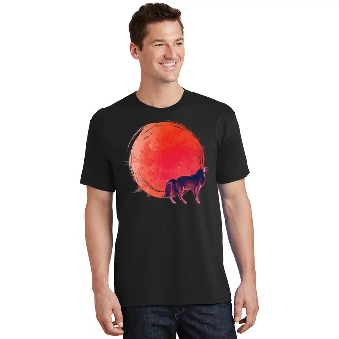 Watercolor Red Moon and Howling Wolf T-Shirt