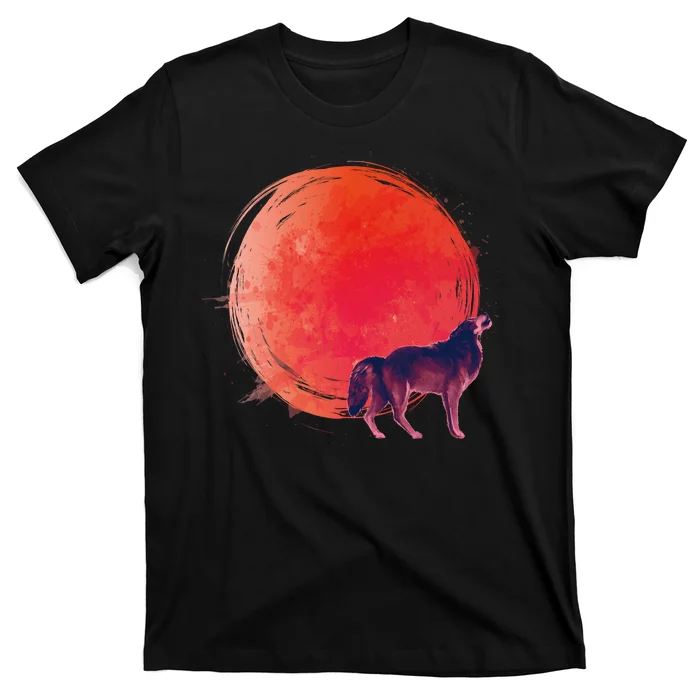 Watercolor Red Moon and Howling Wolf T-Shirt