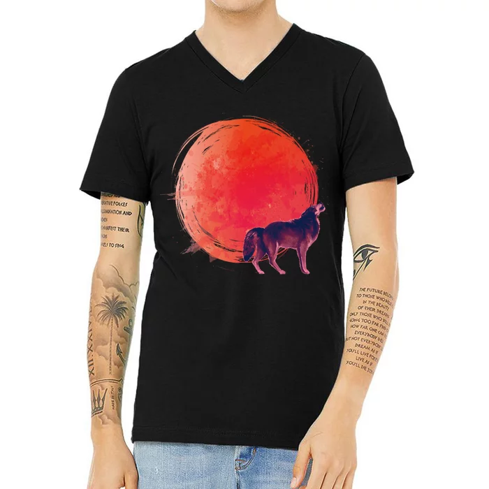 Watercolor Red Moon and Howling Wolf V-Neck T-Shirt