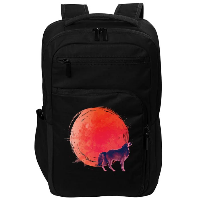 Watercolor Red Moon and Howling Wolf Impact Tech Backpack